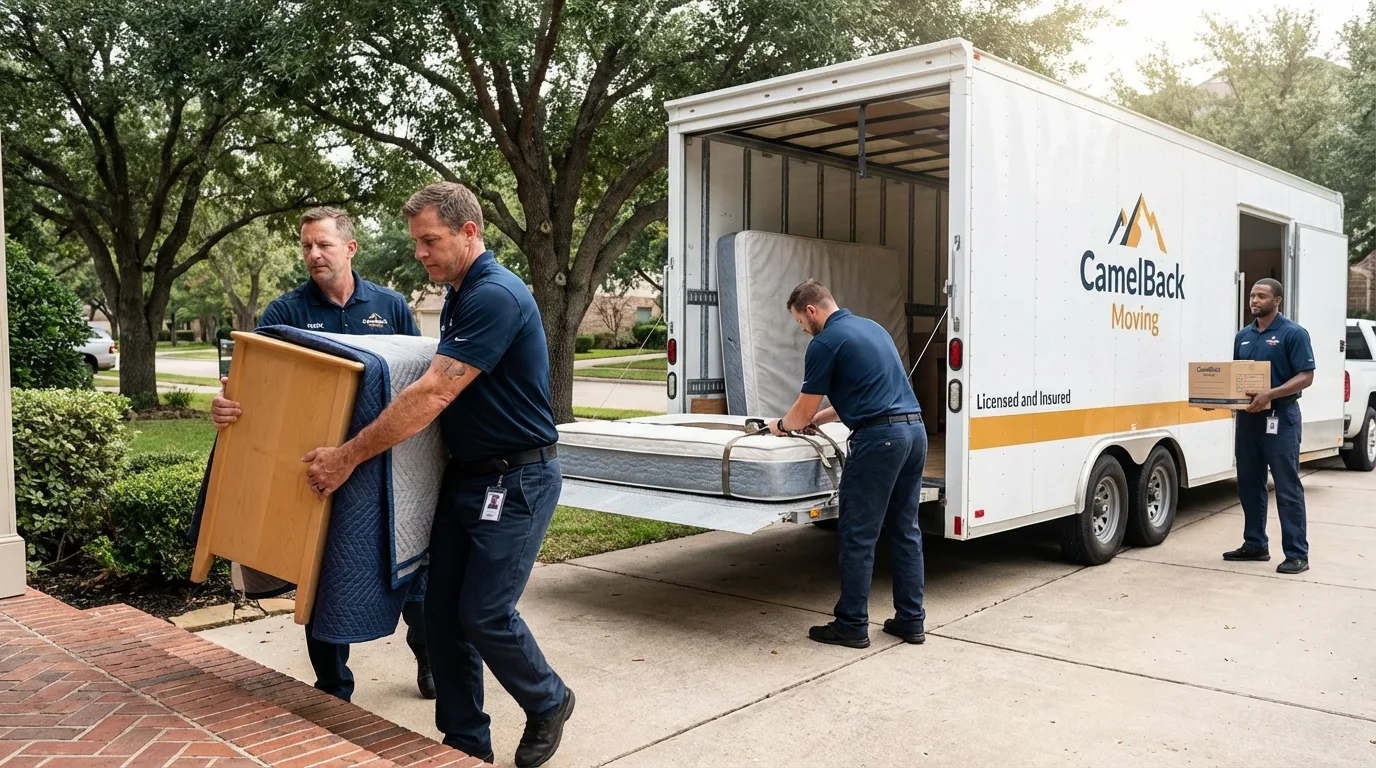 Crew loading residential truck for cross-state move from Dover, MA