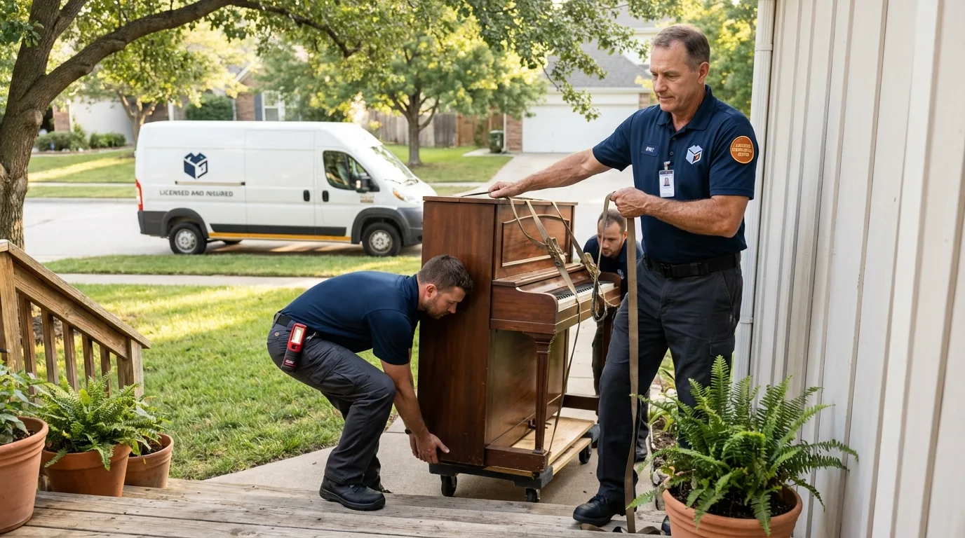 Licensed piano movers securing grand piano in Dover, MA