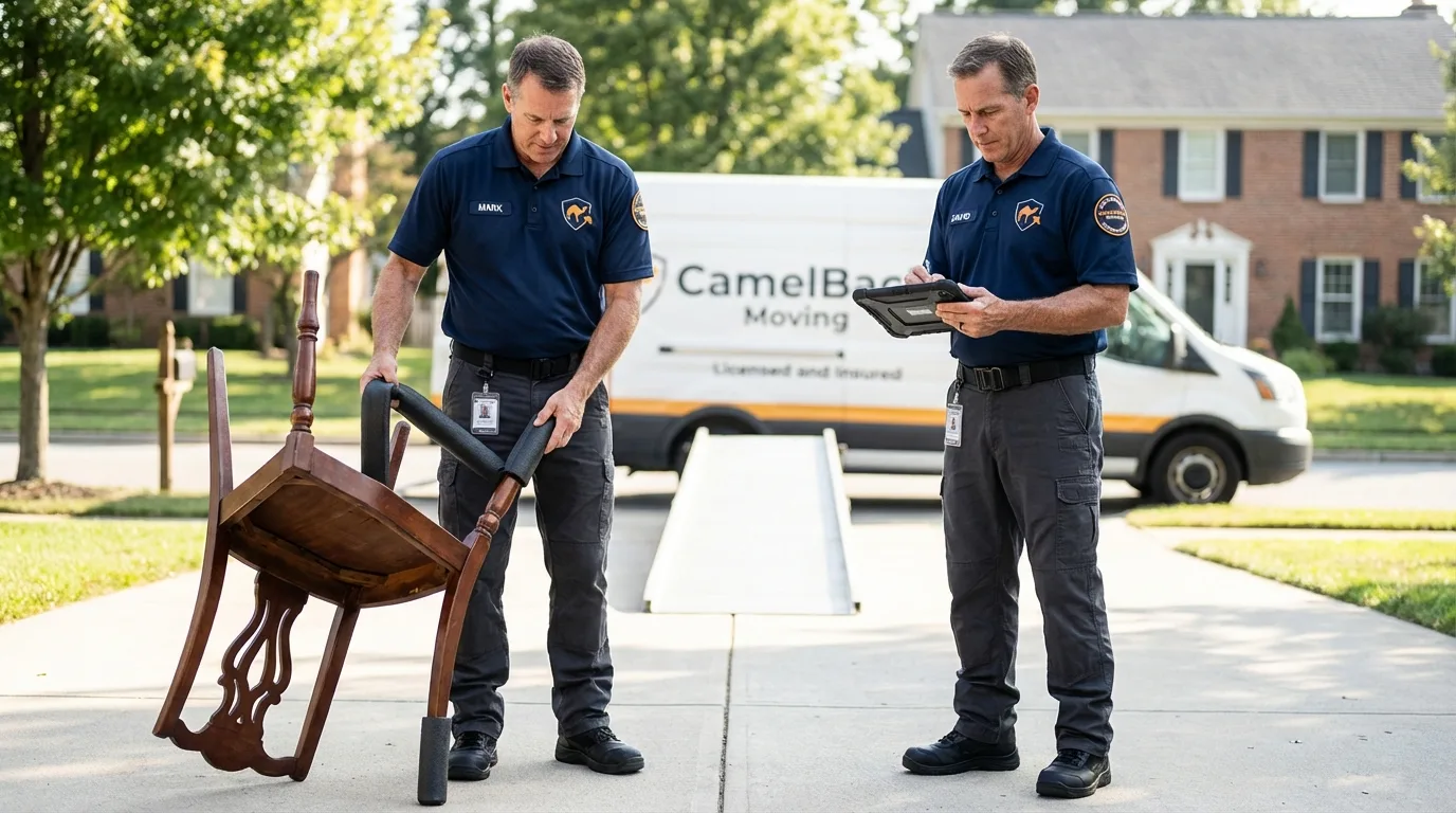Movers inspecting furniture for damage prevention before loading in Dover, MA
