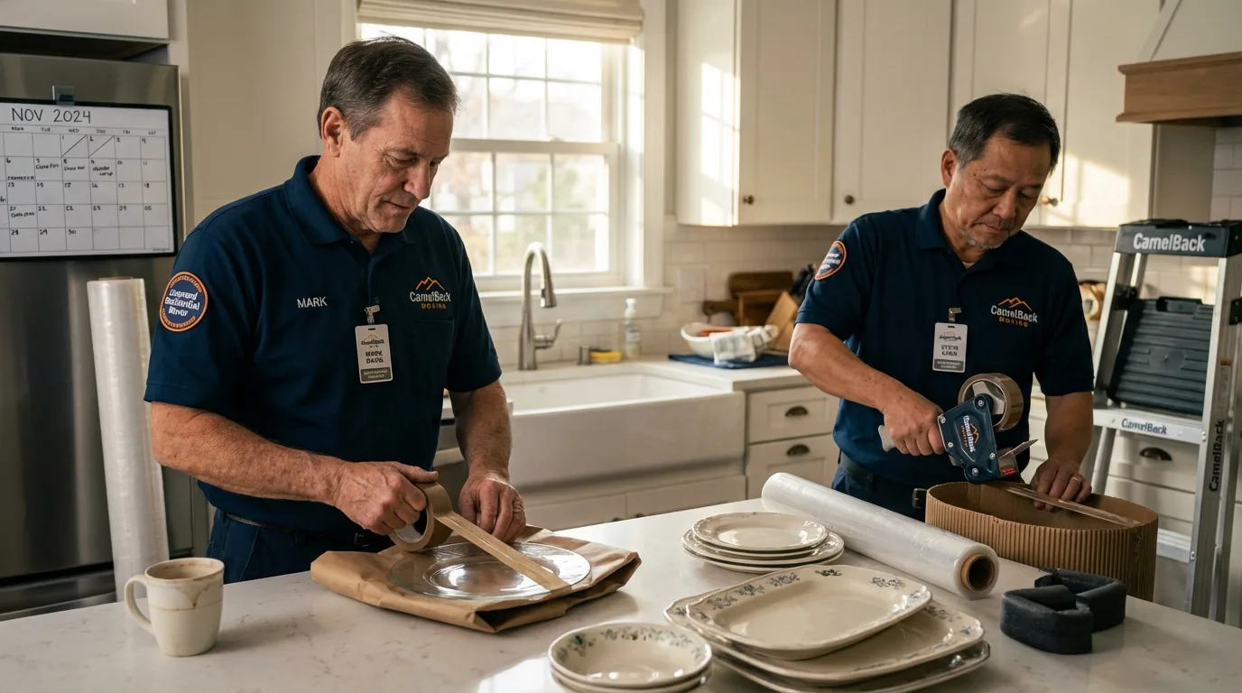 Professional crew packing kitchen dishware in Dover, MA